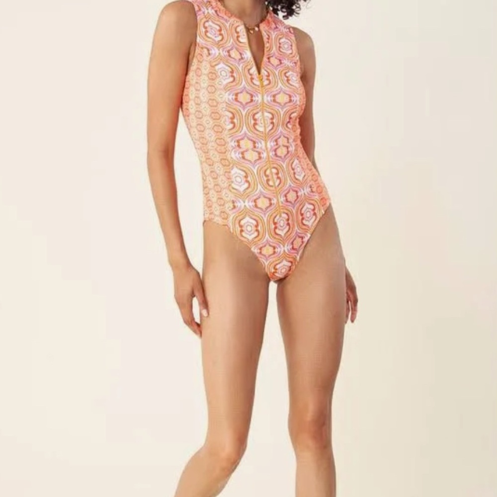 NWT Hale Bob Zip Front One Piece Coral Suit Swimsuit Sz S